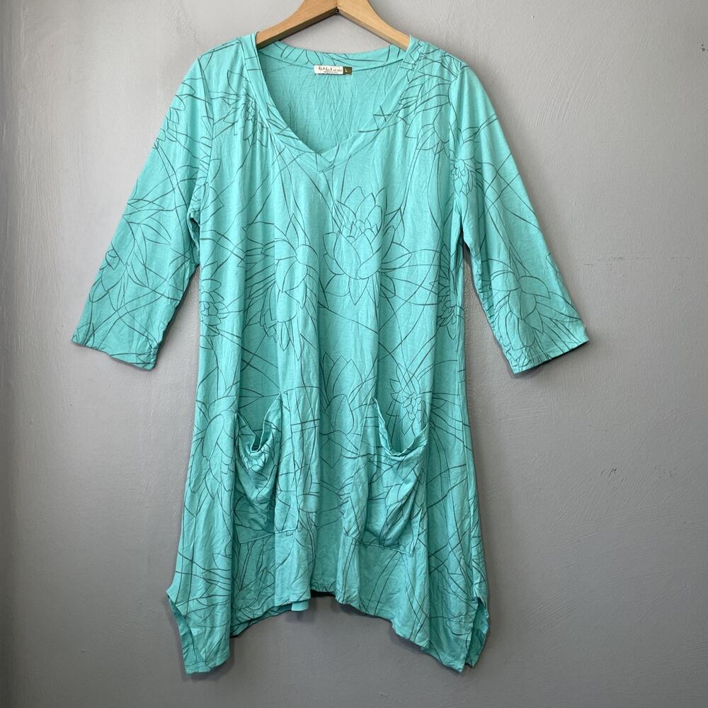 Chalet Tunic Top Size Large Blue Bamboo Lotus Flower Floral Knit Lagenlook Artsy